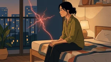 Hình ảnh một người đang ngồi trầm tư suy nghĩ về giấc mơ thấy người yêu cũ bị tai nạn trong phòng ngủ ấm áp