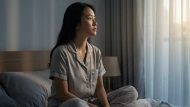 Cô gái bàng hoàng tỉnh giấc sau giấc mơ thấy người yêu cũ bị tai nạn, ánh sáng dịu nhẹ rọi qua rèm cửa