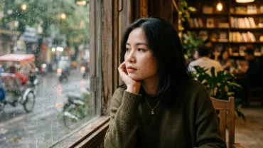 Cô gái Việt Nam suy tư bên cửa sổ quán cà phê ấm cúng, thể hiện nỗi lo âu thầm kín khi mơ thấy người yêu cũ của người yêu