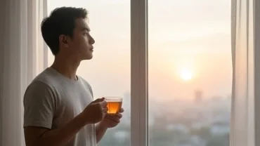 Người đàn ông Á Đông tĩnh lặng đứng ngắm bình minh bên cửa sổ, gợi lên cảm giác buông bỏ khi mơ thấy người yêu cũ lấy vợ