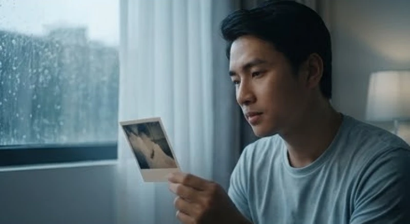 Chàng trai đang cầm một kỷ vật cũ kỹ rêu phong với vẻ mặt đầy suy tư xen lẫn tiếc nuối