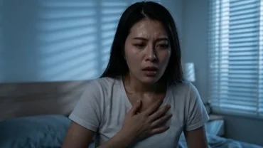 Cô gái trẻ bừng tỉnh với gương mặt đầy lo âu sau giấc mơ thấy người yêu ngoại tình trong không gian phòng ngủ mờ tối