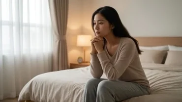 Một người phụ nữ ngồi trầm ngâm trên giường sau khi mơ thấy người yêu phản bội, trong không gian phòng ngủ tĩnh lặng