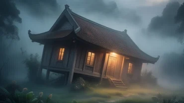 Một ngôi nhà truyền thống Việt Nam bị nghiêng lún trong màn sương mờ ảo, đại diện cho giấc mơ thấy nhà bị nghiêng