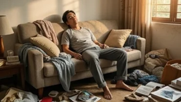 Người mệt mỏi ngồi bần thần giữa không gian khi mơ thấy nhà bừa bộn ngổn ngang đồ đạc