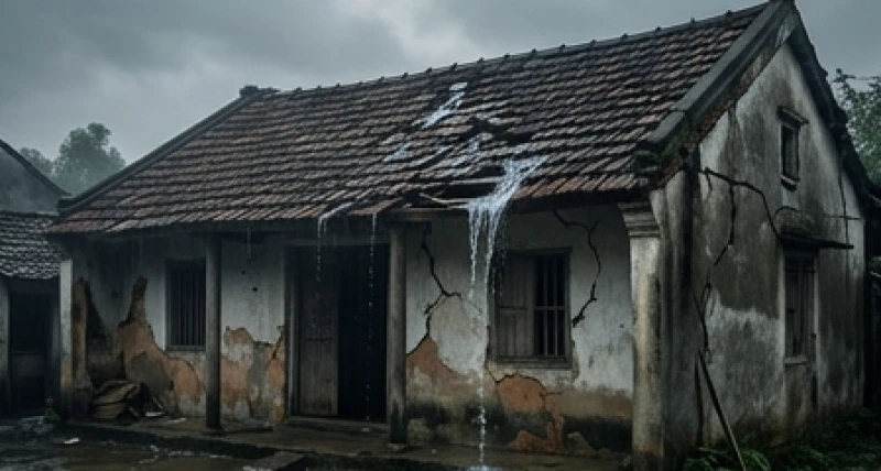 Mơ thấy nhà cũ của mình: Giải mã tâm lý & cách hóa giải xui xẻo 3 Ngôi nhà cũ bị dột nát với những vệt nước mưa chảy dài trên tường báo hiệu sự rạn nứt tình cảm