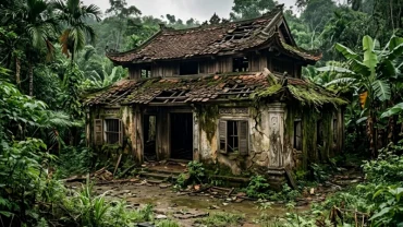 Hình ảnh minh họa hiện tượng chiêm bao mơ thấy nhà cũ nát hoang tàn giữa khung cảnh tĩnh lặng