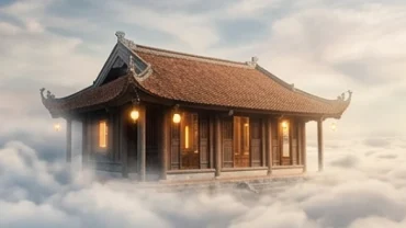 Ngôi nhà truyền thống đan xen mây mờ trong không gian siêu thực phản ánh điềm báo mơ thấy nhà cửa