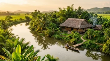 Hình ảnh minh họa điềm báo tài chính và tâm lý đằng sau giấc mơ thấy nhà lá mộc mạc ven sông