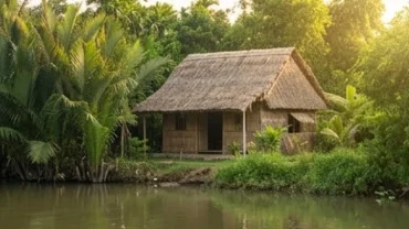Ngôi nhà lá dừa nước truyền thống của Việt Nam nằm yên bình dưới ánh nắng ban mai trong một giấc mơ