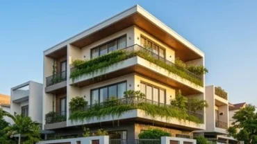Một ngôi nhà lầu cao tầng khang trang dưới ánh nắng ban mai rực rỡ, tượng trưng cho giấc mơ thấy nhà lầu