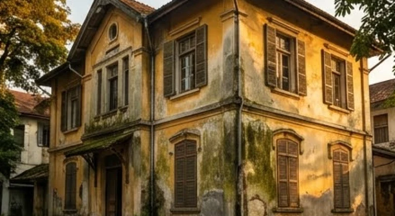 Một ngôi nhà lầu cũ kỹ với lớp sơn bong tróc và tường rêu phong, gợi nhớ về những kỷ niệm đã qua trong quá khứ