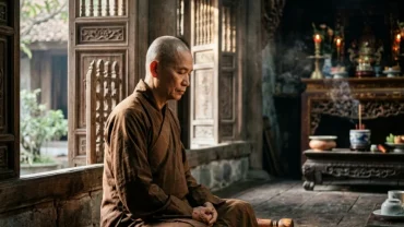 Hình ảnh nhà sư mặc áo nâu sồng đang thiền định thanh tịnh giúp giải mã điềm báo khi mơ thấy nhà sư