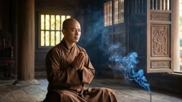 Vị tăng sĩ mặc áo cà sa nâu chắp tay thiền định là hình ảnh bình yên khi mơ thấy nhà sư
