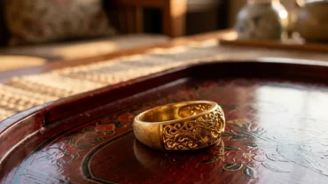 Chiếc nhẫn vàng 24k tinh xảo đặt trên chiếc khay gỗ truyền thống Việt Nam gợi mở ý nghĩa tâm linh khi mơ thấy nhẫn vàng