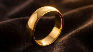 Chiếc nhẫn vàng 24K sáng bóng phản chiếu ánh sáng rực rỡ đại diện cho giấc mơ thấy nhẫn vàng