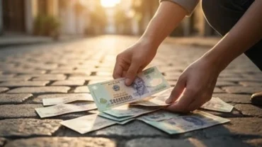 Một người đang mơ thấy nhặt được tiền mặt rơi rải rác trên con đường vắng ngập tràn ánh sáng mặt trời.