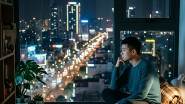 Người trẻ Việt Nam ngồi suy tư bên cửa sổ chung cư tại Hà Nội, biểu trưng cho cảm xúc bất an khi mơ thấy nhảy lầu
