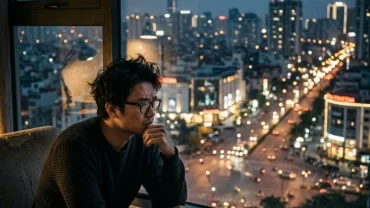 Một người trẻ tuổi ngồi suy tư bên cửa sổ căn hộ chung cư cao tầng tại Việt Nam sau khi mơ thấy nhảy lầu tự sát