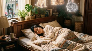 Hình ảnh cô gái Việt Nam đang ngủ ngon và mơ thấy nhiều con vật nhỏ đáng yêu như chó mèo bay xung quanh trong phòng