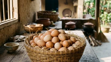 Hình ảnh rổ tre đựng nhiều trứng gà tươi mang ý nghĩa phong thủy tốt lành cho người mơ thấy nhiều trứng gà