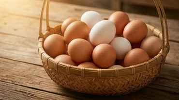 Rổ tre đựng rất nhiều trứng gà tươi tắn tượng trưng cho giấc mơ thấy nhiều trứng gà báo hiệu tài lộc