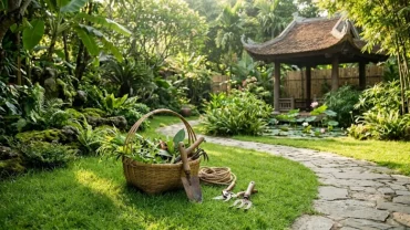 Khu vườn truyền thống Việt Nam xanh mát và gọn gàng gợi lên sự bình yên sau giấc mơ thấy nhổ cỏ dại