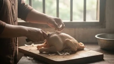 Người phụ nữ cẩn thận làm sạch con gà, minh họa cho ý nghĩa khi mơ thấy nhổ lông gà trong dân gian
