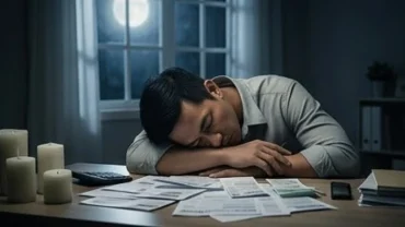 Người đàn ông mệt mỏi gục đầu trên đống hóa đơn tượng trưng cho áp lực tài chính khi mơ thấy nợ nần