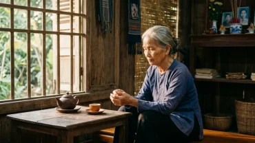 Người đàn ông ngồi tĩnh tâm sau khi mơ thấy nói chuyện với bố đã mất bên bàn trà truyền thống