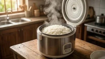 Một chiếc nồi cơm điện đầy ắp cơm trắng nóng hổi đặt trong không gian bếp gia đình