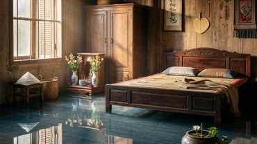 Khung cảnh căn phòng ngập trong làn nước trong vắt tĩnh lặng phản ánh ý nghĩa khi mơ thấy nước dâng cao