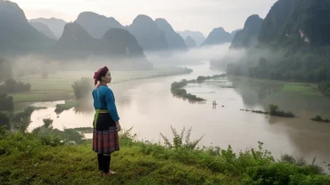 Người phụ nữ đứng tĩnh lặng trước dòng nước lũ êm đềm trong giấc mơ thấy nước lũ