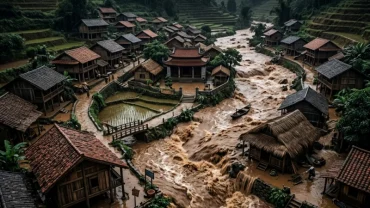 Cảnh dòng nước lũ đục ngầu chảy xiết qua bản làng Việt Nam thể hiện cảm xúc quá tải trong giấc mơ thấy nước lũ chảy xiết