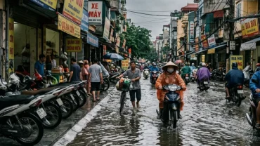 Hình ảnh một con đường ngập sâu trong nước phản ánh bối cảnh phổ biến khi nằm mơ thấy nước lụt ngập đường