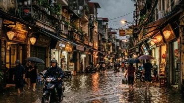 Hình ảnh dòng nước cuồn cuộn trên đường phố Việt Nam khi mơ thấy nước ngập đường đi