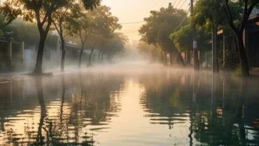 Cảnh tượng thanh bình khi mơ thấy nước ngập đường đi với dòng nước trong veo phản chiếu ánh sáng ban mai