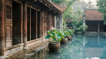 Khung cảnh sân trong của ngôi nhà cổ Việt Nam ngập nước trong vắt minh họa cho điềm báo mơ thấy nước ngập mênh mông