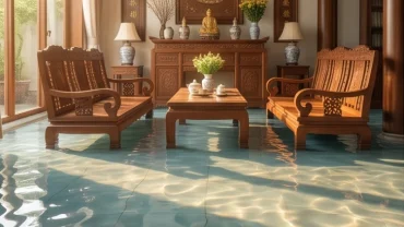 Ngôi nhà truyền thống ngập trong làn nước trong vắt êm đềm thể hiện điềm báo khi mơ thấy nước ngập nhà
