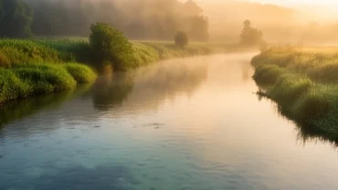 Dòng sông trong xanh dâng cao tĩnh lặng dưới ánh bình minh tượng trưng cho điềm lành khi mơ thấy nước sông dâng cao