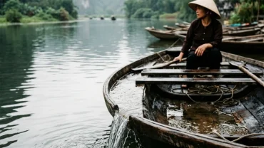 Hình ảnh minh họa điềm báo phong thủy và tâm lý khi mơ thấy nước tràn vào thuyền gỗ trên sông