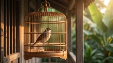 Chú chim nhỏ đậu ngoan ngoãn trong chiếc lồng tre truyền thống gợi nhắc điềm báo khi mơ thấy nuôi chim trong lồng bình an