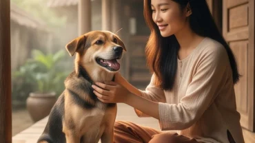 Người phụ nữ nhẹ nhàng vuốt ve chú chó cưng trong không gian ấm cúng thể hiện điềm báo mơ thấy nuôi chó
