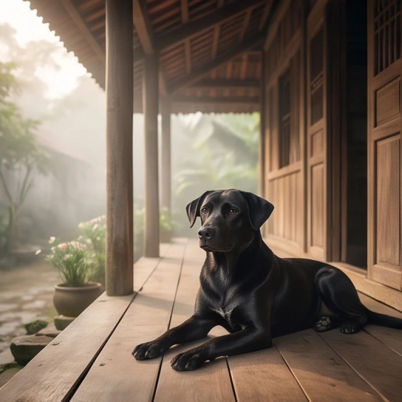 Mơ thấy nuôi chó: Giải mã điềm báo tâm linh và sổ mơ tài lộc 3 Chú chó mực với bộ lông đen bóng đang cuộn tròn ngoan ngoãn bên hiên nhà gỗ truyền thống