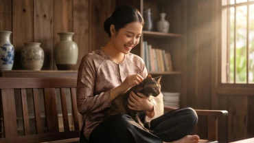 Người phụ nữ âu yếm một chú mèo trong không gian ấm áp, tượng trưng cho giấc mơ thấy nuôi mèo
