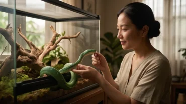 Người phụ nữ Á Đông mỉm cười nhẹ nhàng dùng tay vuốt ve một con rắn cảnh màu xanh ngọc bích