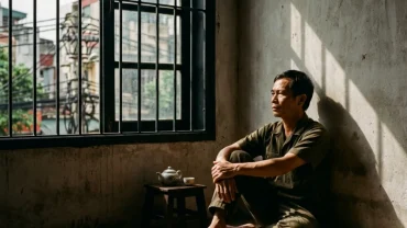 Hình ảnh người ngồi trầm tư dưới ánh nắng chiếu qua song sắt cửa sổ, minh họa cho giấc mơ thấy ở tù