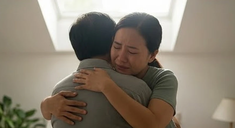 Người con trưởng thành đang ôm chầm lấy người cha và khóc nức nở để giải tỏa áp lực tâm lý dồn nén