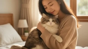 Người phụ nữ ôm một chú mèo nhỏ ngoan ngoãn trong ánh sáng ấm áp phản ánh giấc mơ thấy ôm mèo bình yên