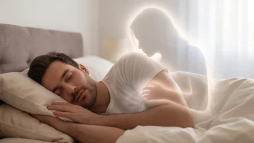 Người đàn ông nằm ngủ bình yên và mơ thấy ôm phụ nữ trong một không gian mờ ảo